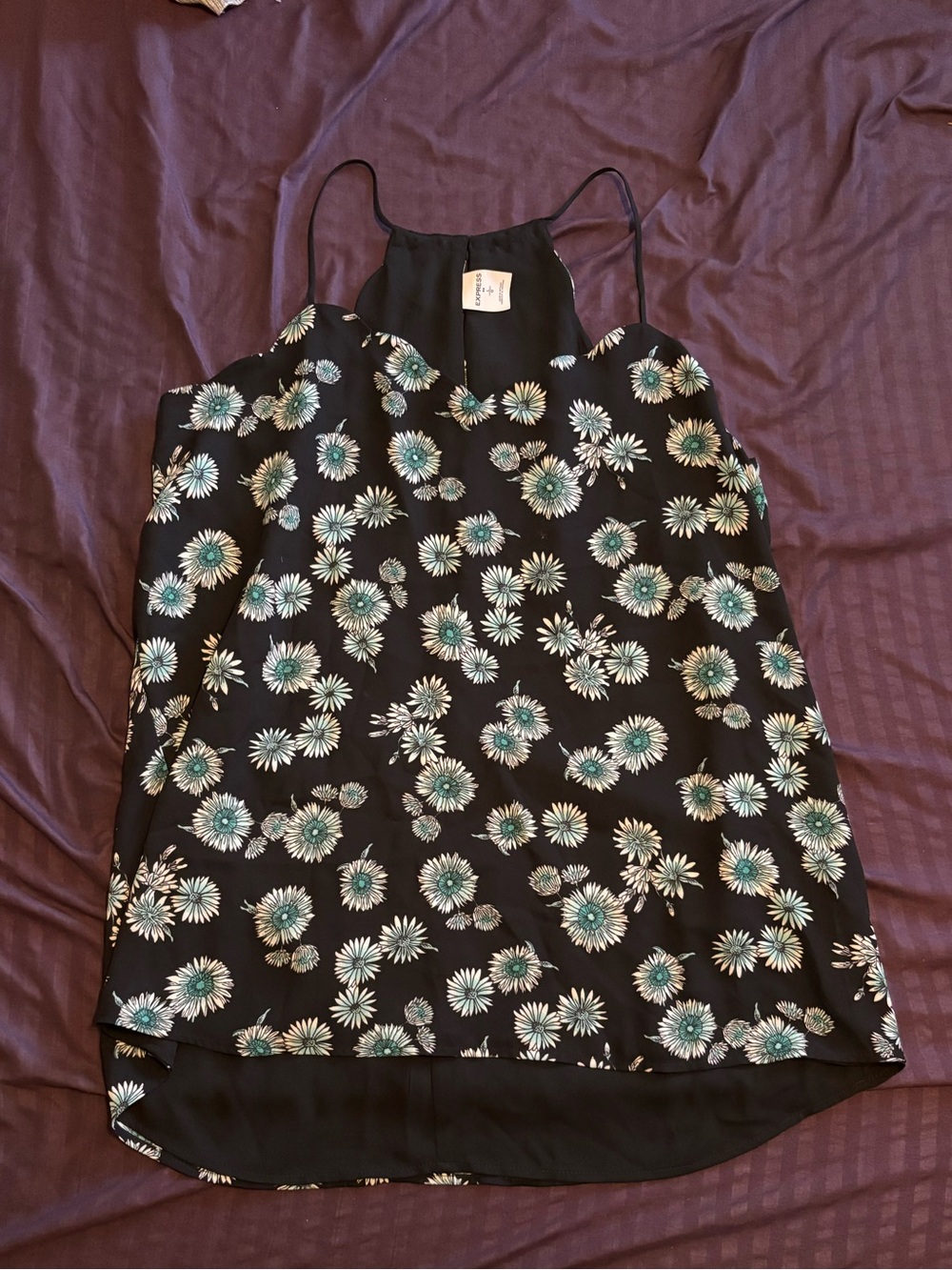 Express Large L blue daisies top thin straps back cut in slinky shirt